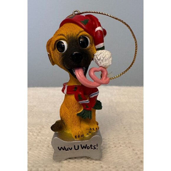 Cute Dog Christmas Ornament Dogs Tongue is Heart he's On Bone  saying Wuv U Wots - Picture 1 of 8